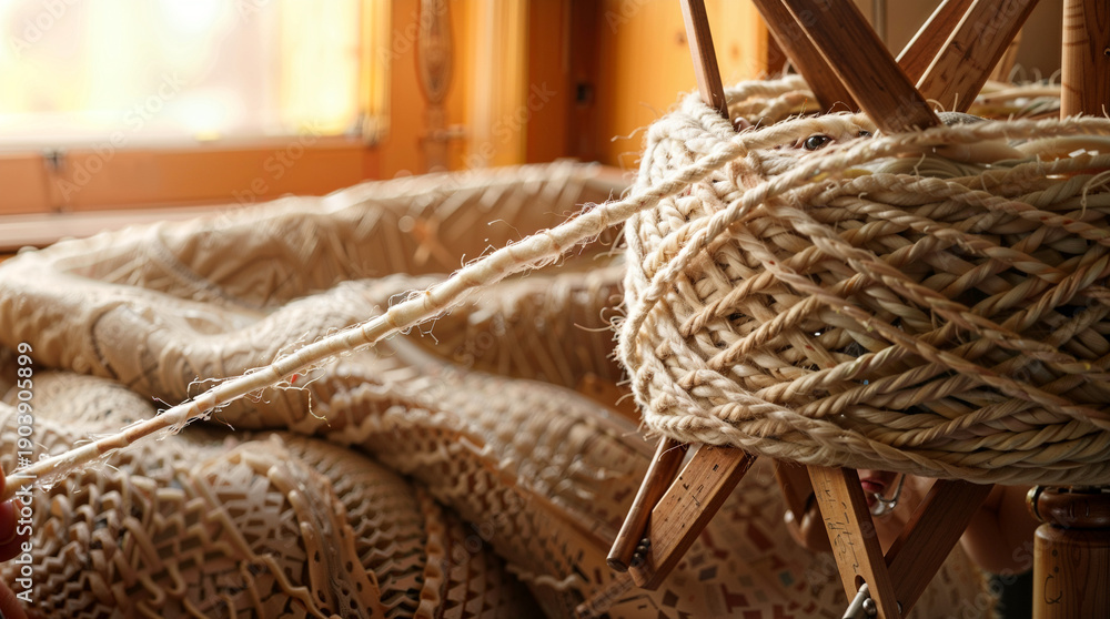 Fototapeta premium Yarn and knitting materials arranged on wooden table in cozy setting 
