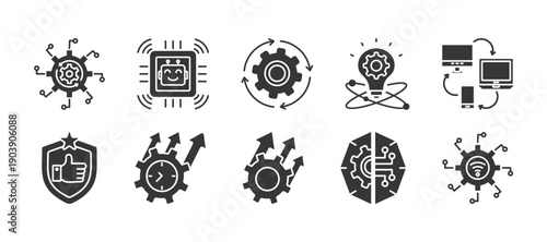 Automation  glyph icon set collection.  Icon pack contain Automation, Technology, process, innovation, digital, reability, productivity, improvement, AI system, smart system	
