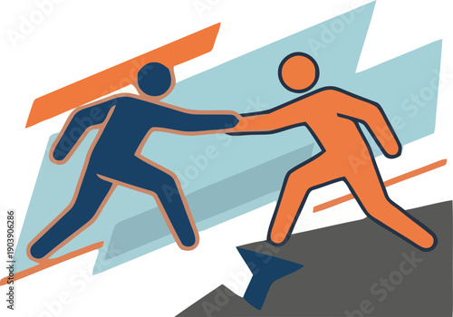 Person helping another to cross a gap between two cliffs.