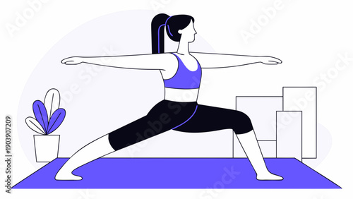 A woman performs a yoga pose known as Virabhadrasana II (Warrior II pose)