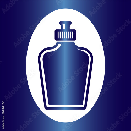 Minimalist icon featuring a gradient blue liquid bottle with a white outline and cap within a white oval Vector