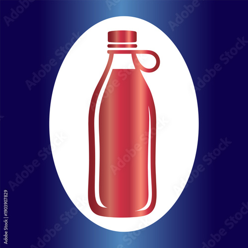 Stylized red bottle with a handle inside a white oval on a gradient blue background, resembling a vintage milk jug Vector