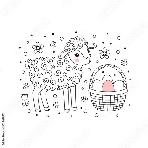 Cute sheep with Easter eggs in basket surrounded by flowers  