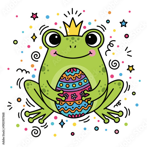 Cartoon frog holding decorated Easter egg with confetti and stars  