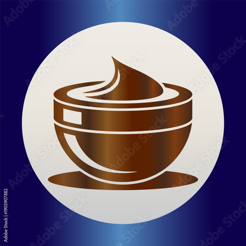 A stylized icon featuring a brown bowl filled with a swirl of cream or dessert, centered on a white circle. Vector