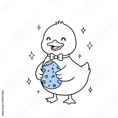 Happy cartoon duck holding decorated egg with sparkles around it on Easter Sunday