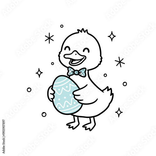 Cute cartoon duck holding decorated egg with bowtie and stars on Easter Sunday