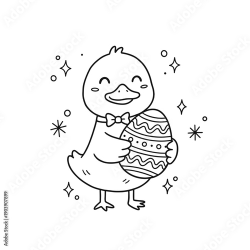 Happy duck holding decorated Easter egg with stars around  