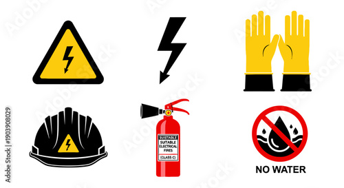 Safety icons for electrical work displayed on a digital interface with warning signs and protective gear
