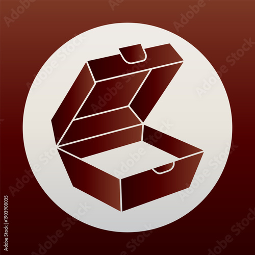 Stylized brown open takeout box or food container icon, perfect for delivery service apps and restaurant branding vector