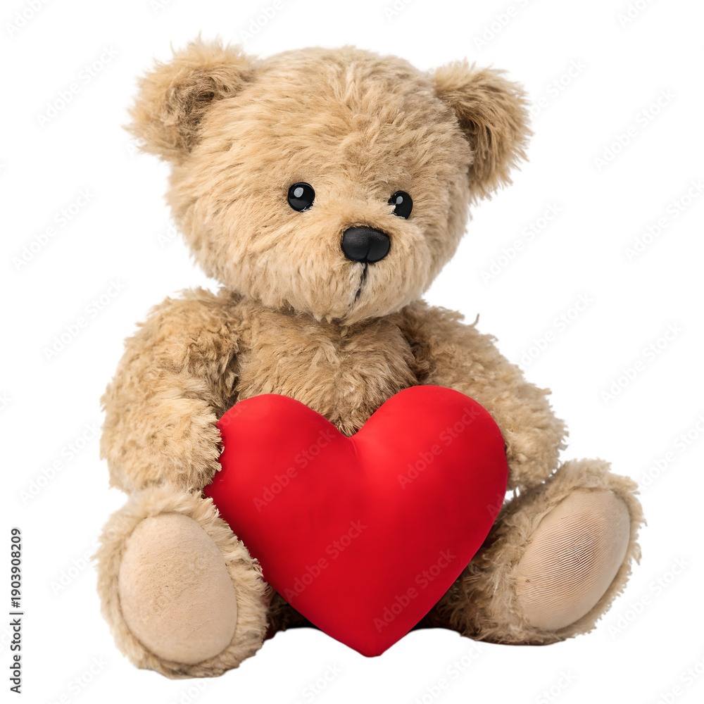 Fototapeta premium Adorable brown teddy bear holding a large red heart; Valentine's Day, romantic, love, affection.