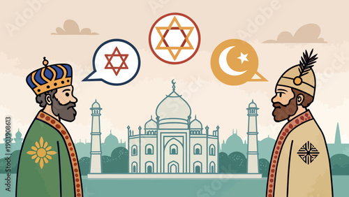 Two men in traditional robes representing different faiths, symbols of Judaism, Christianity, and Islam above them
