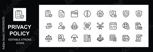 Privacy policy icon set. featuring data protection, security, compliance, user rights, GDPR, cyber law, confidentiality, encryption, and secure authentication, Vector illustration