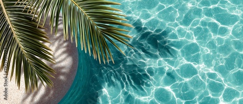 Panel kuchenny z motywem Palm leaf casting shadow over shimmering turquoise water with visible ripples, capturing a tropical and serene atmosphere. Light refraction creates abstract patterns beneath the surface