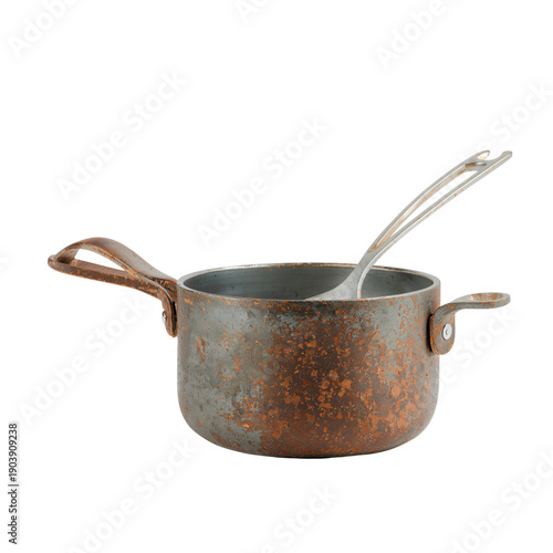 Old Cooking Pot With Spoon Placed on a White Background for Kitchen Use in Ho...