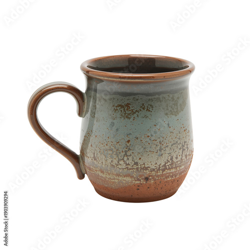 Handmade Ceramic Mug With Blue and Brown Design on a Plain Background