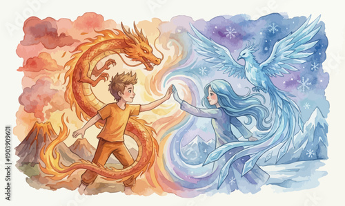 Fire and Ice Dragon and Phoenix Elemental Meeting Watercolor Illustration.