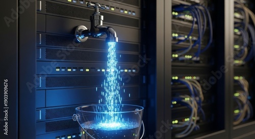 Data flowing from tap into bucket in server room represents data leak