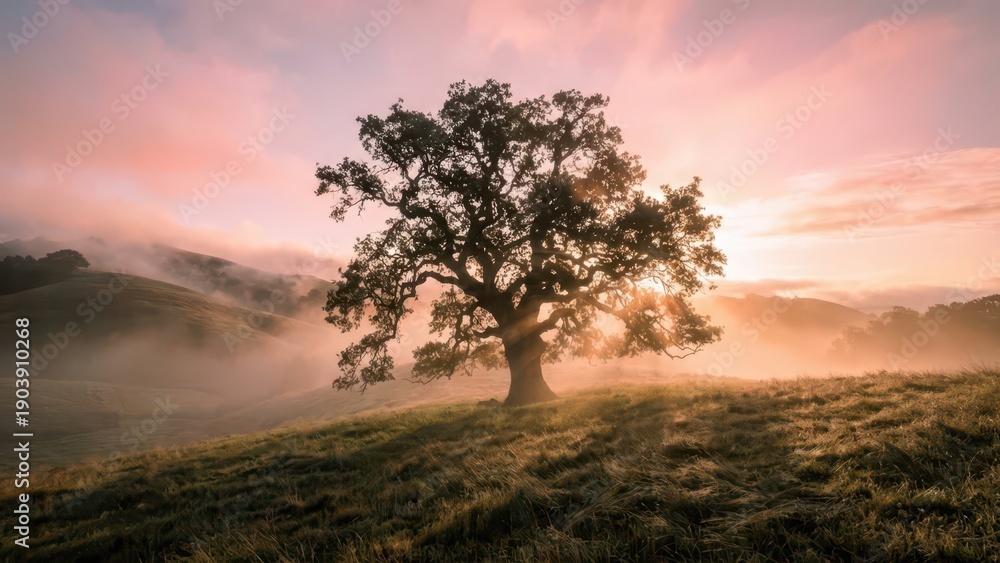 Obraz premium Lone Gnarled Ancient Oak Tree Bathed in Warm Sunset Light on Misty Hillside