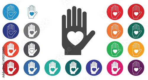 Hands with heart icons symbolize charity and community.