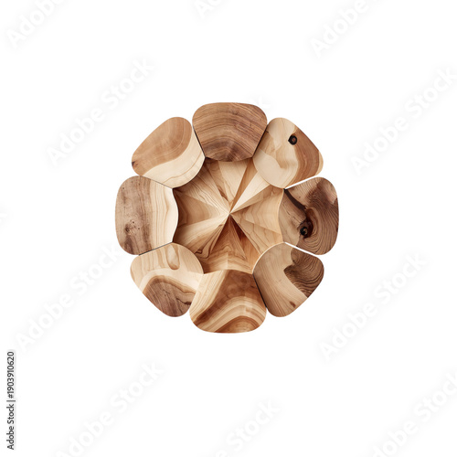 Wooden Sculpture With Geometric Shapes Arranged in Circle on White Surface