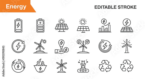 Various clean-line icons depict sustainable energy.
