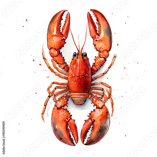 Lobster, whimsical watercolor vector illustration with vibrant highlights and delicate strokes, isolated on a white background.