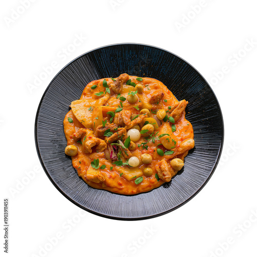 Delicious Plate of Food Served in a Black Bowl With Various Ingredients and S...