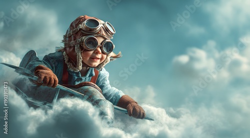 A child dressed as a pilot flies through the clouds on a homemade airplane, embodying a spirit of adventure and joy