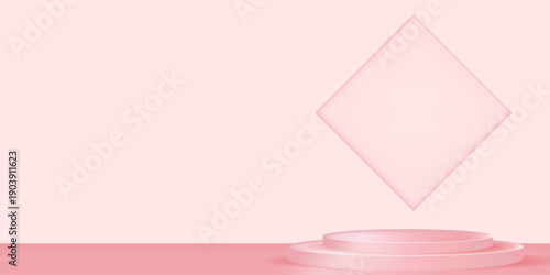 A pink podium with two levels. A room with a podium and a frame on the wall.