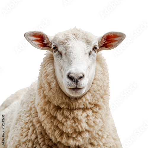 Sheep Stands Against White Background With Fluffy Wool in Bright Light