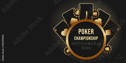 A large circle with a gold frame on a black background with cards arranged in a circle. Space for text. Concept of a card game and casino.