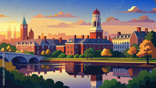 Very beautiful sunrise view from Harvard University campus overlooking the Charles River, creating a peaceful academic scene with soft light reflecting the timeless character of Cambridge, Massachuset