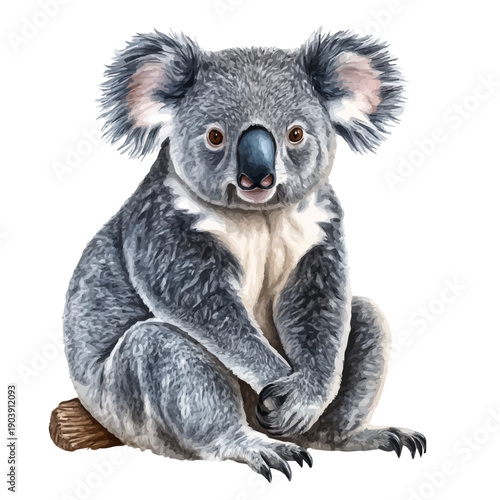 Koala, whimsical watercolor vector illustration with vibrant highlights and delicate strokes, isolated on a white background.