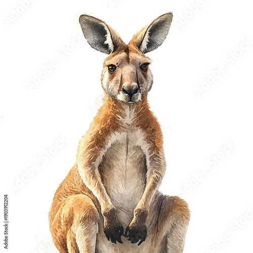 Kangaroo, lively watercolor vector drawing with intricate brush, isolated on a white background.