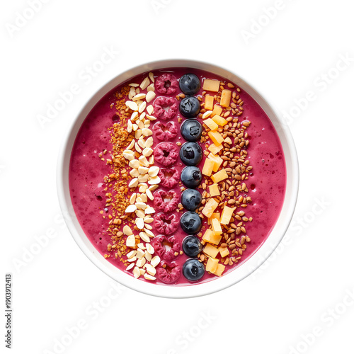 Bright Bowl of Smoothie With Granola and Blueberries on a White Background