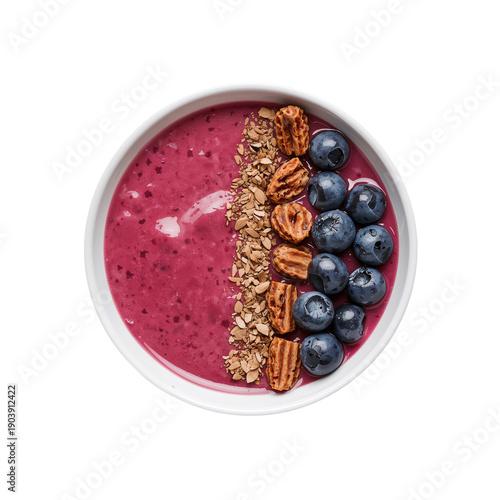 Bright Bowl of Smoothie With Granola and Blueberries on a White Background