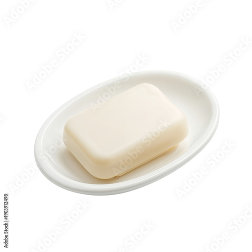 Small White Soap on a White Dish in a Bathroom Setting