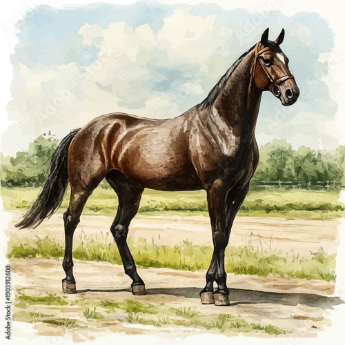 Horse, whimsical watercolor vector illustration with vibrant highlights and delicate strokes, isolated on a white background.