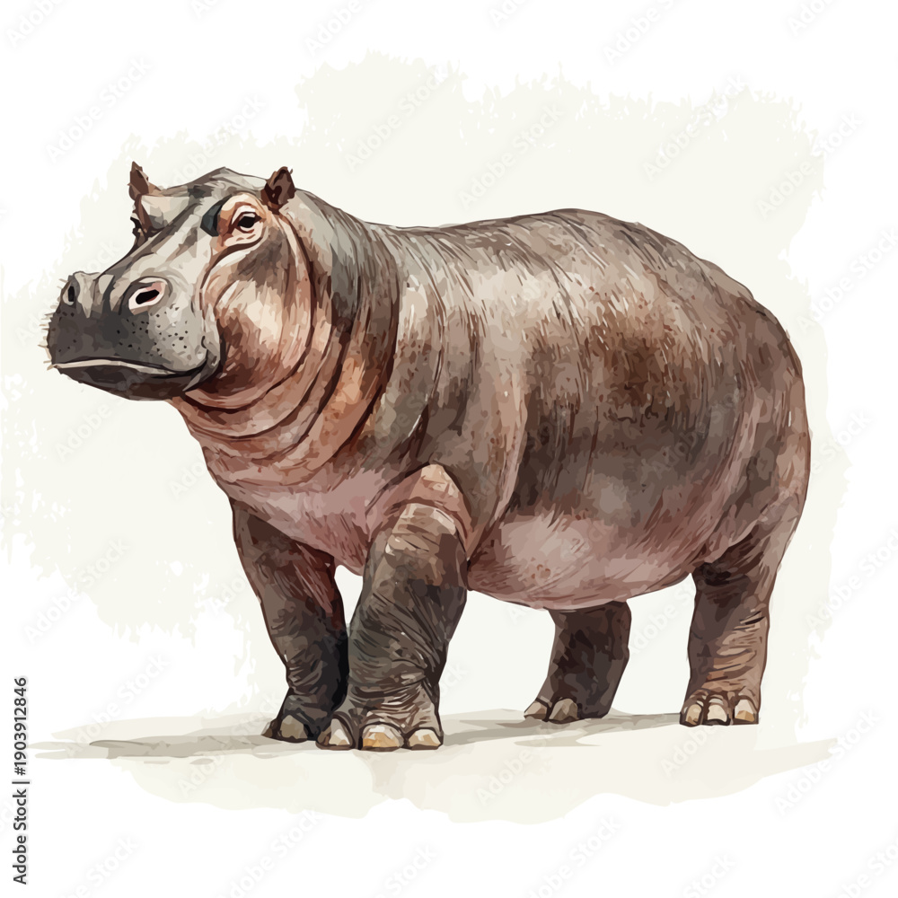 Fototapeta premium Hippopotamus, elegant watercolor vector illustration with flowing lines and gentle color transitions, isolated on a white background.