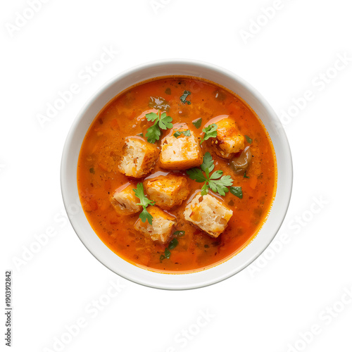 Creamy Soup With Croutons Served in a White Bowl Placed on a Plain Surface