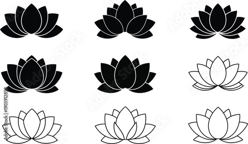 Set of Stylized Lotus Flower Icons for Spirituality and Nature Themes