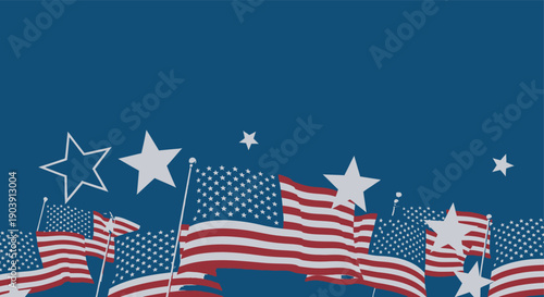 Memorial day tribute with american flags and stars on patriotic blue background honoring fallen heroes