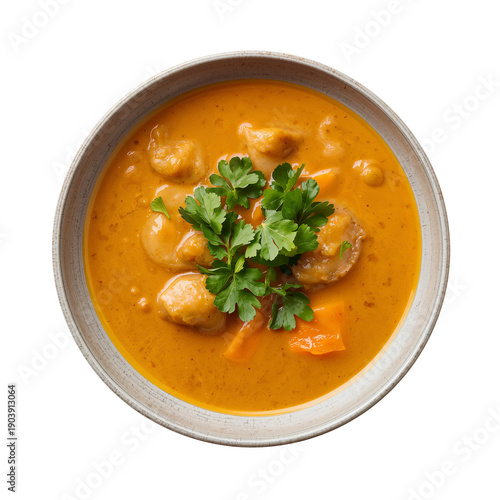 Bowl of Soup With Meatballs and Herbs in a Simple Kitchen Setting