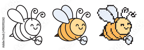 Easter bee icon set featuring linear vector with editable stroke, colorful fill, and retro pixel art styles. Cute bumblebee with Easter egg. Spring holiday character collection. Clean flat design.