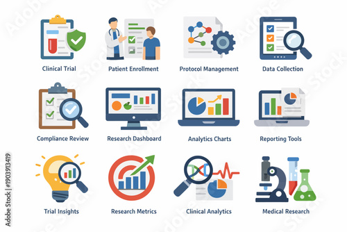 Medical research and data management icons for clinical trials
