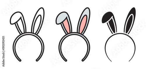 Easter bunny ears headband icons set. Outline icon with editable stroke, flat color fill and solid style. Clean vector, spring holiday design, festive rabbit ears collection.