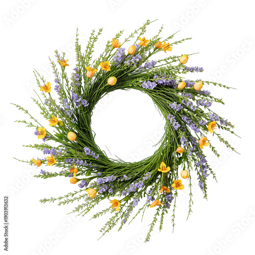 Natural Wreath With Flowers and Greenery Placed on a White Background for Dec...