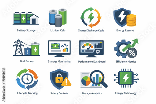 Energy technology icons featuring battery storage and performance dashboards