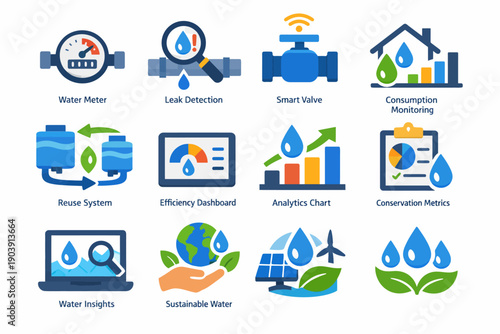 Smart water management icons: efficiency, conservation, and sustainability